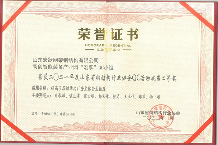 山東省鋼結(jié)構(gòu)協(xié)會行業(yè)優(yōu)秀QC成果二等獎