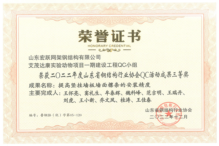山東省鋼結(jié)構(gòu)協(xié)會行業(yè)QC活動成果三等獎