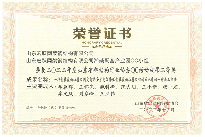 山東省鋼結(jié)構(gòu)協(xié)會行業(yè)QC活動成果二等獎