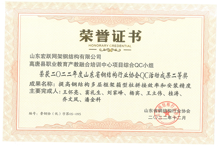 山東省鋼結(jié)構(gòu)協(xié)會行業(yè)QC活動成果二等獎